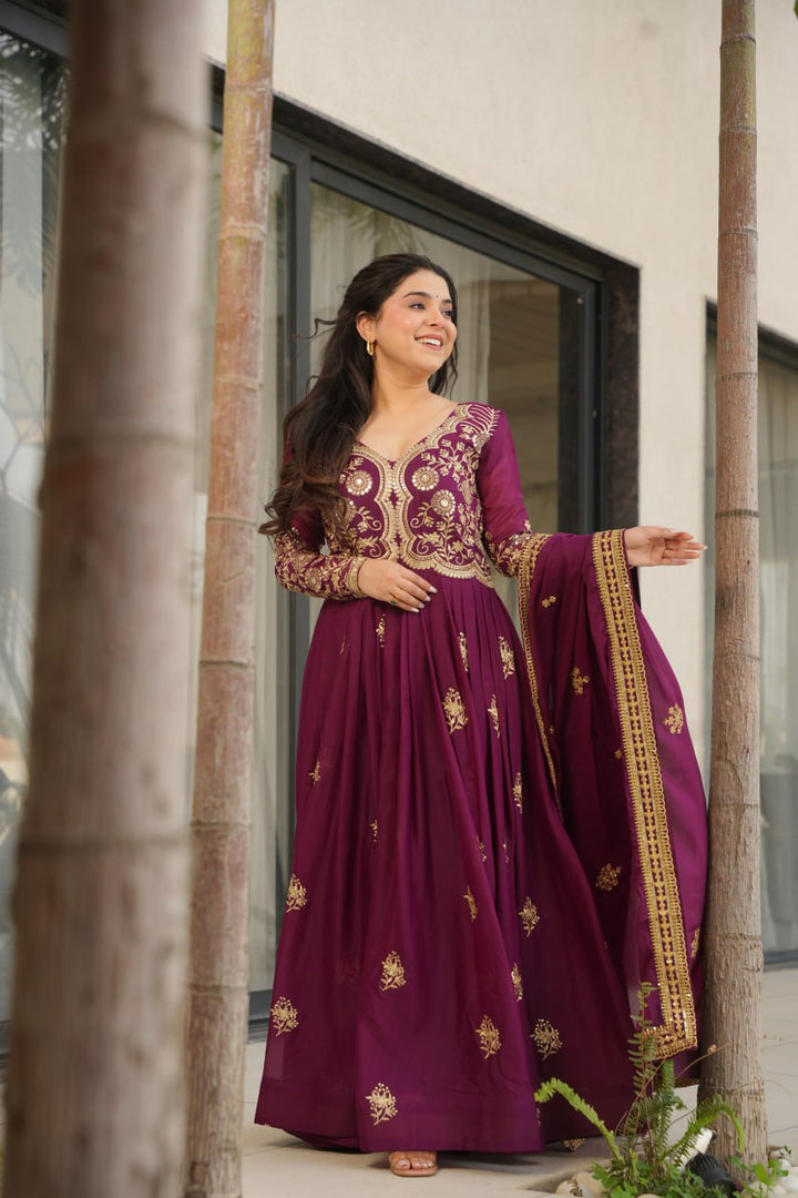 Wine Color Premium Star Georgette With Embroidery and sequnce Work Gown and Dupatta set