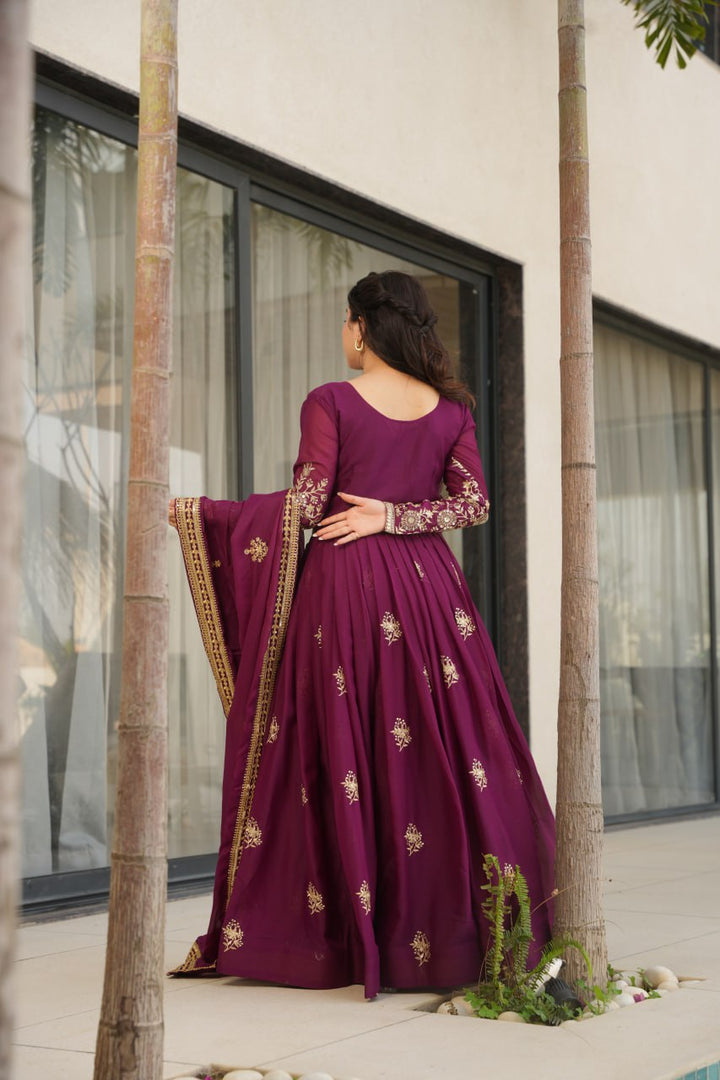 Wine Color Premium Star Georgette With Embroidery and sequnce Work Gown and Dupatta set